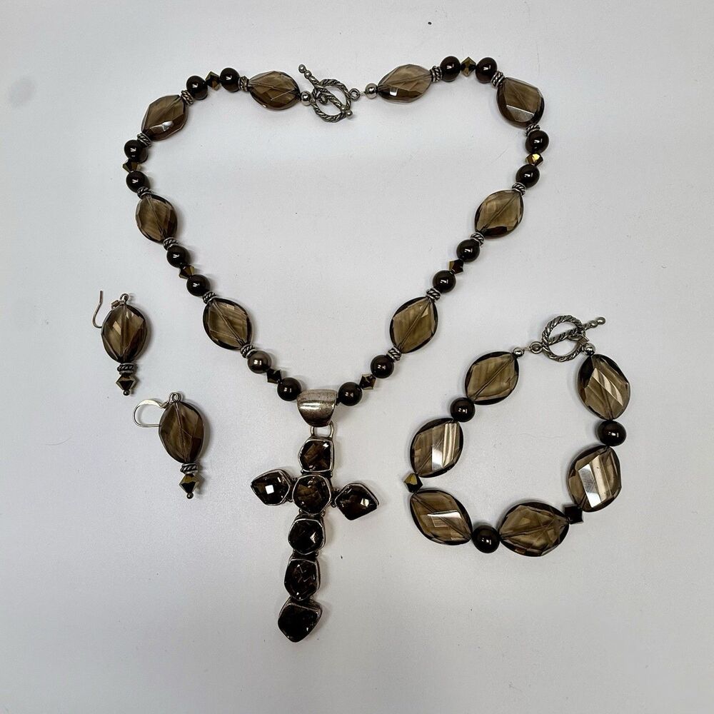 Smoky Quartz Sterling Cross Pendant Necklace Bracelet Earring One Of Kind Set
